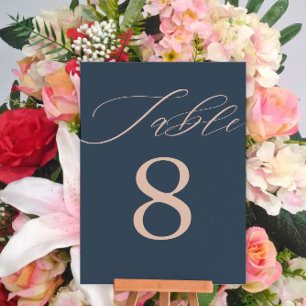 modern Dark Blue & Rose Gold Wedding Table Number