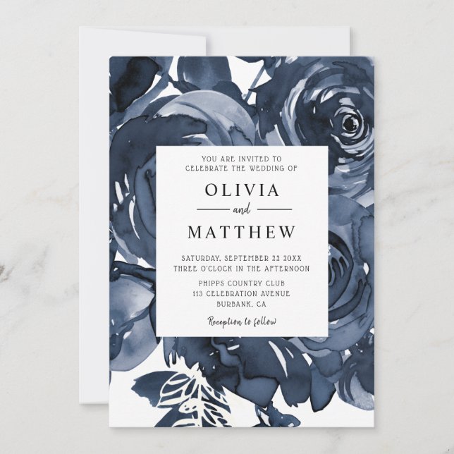 Modern Dark Blue Roses Bouquet Wedding Invitation (Front)