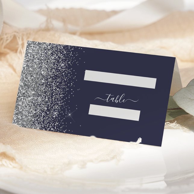 Modern Dark Blue Silver Glitter Edge Wedding Place Card (Creator Uploaded)