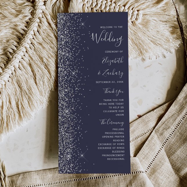Modern Dark Blue Silver Glitter Wedding Programme (Creator Uploaded)