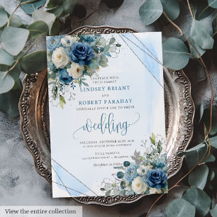 Modern dark blue silver roses wedding invitation