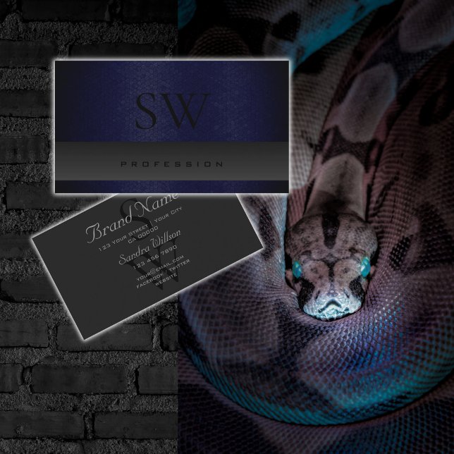 Modern Dark Blue Snake Pattern Grey with Monogram Business Card (Creator Uploaded)