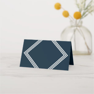 Modern Dark Blue & Triple White Borders Geometric Place Card