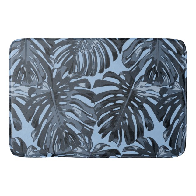 Modern Dark Blue Tropical Palm Leaves Bath Mat (Front)