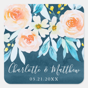 Modern Dark Blue Watercolor Floral Wedding Square Sticker