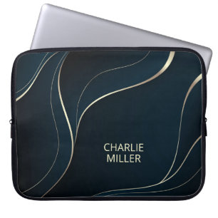 Modern Dark Blue Wave Background & Custom Name Laptop Sleeve