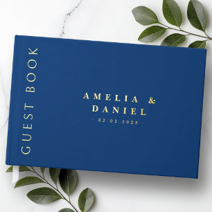 Modern dark blue wedding names and date real guest book