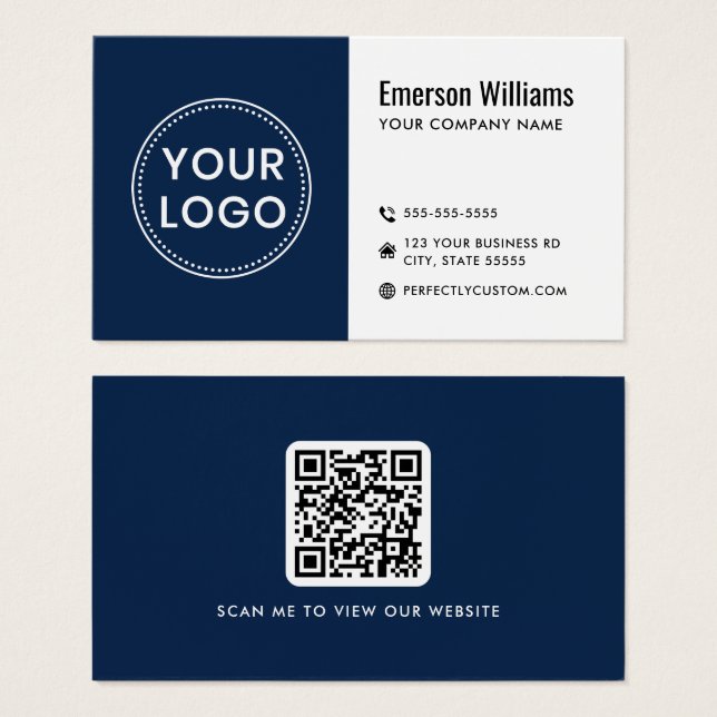 Modern dark blue white logo QR code business card (Front & Back)