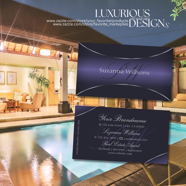 Modern Dark Blue with Silver Border and Monogram Business Card (Creator Uploaded)