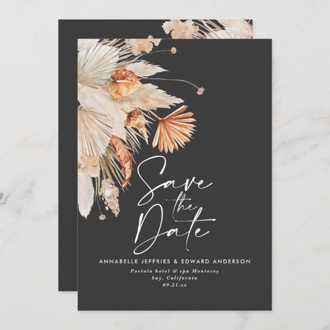 Modern dark bohemian botanical  pampas grass  save the date (Front/Back)