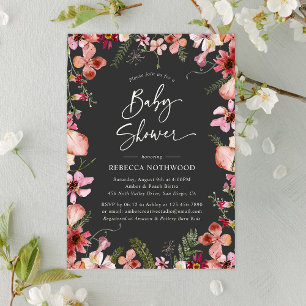 Modern Dark Boho Chic Floral Girl Baby Shower Invitation
