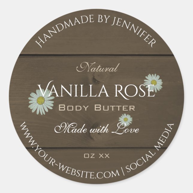Modern Dark Brown Wood Grain Product Labels Daisy (Front)