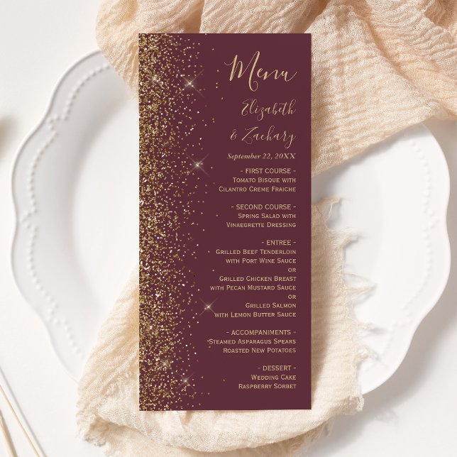 Modern Dark Burgundy Gold Glitter Edge Wedding Menu (Creator Uploaded)