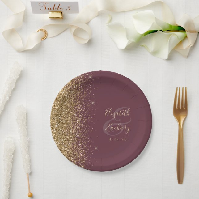 Modern Dark Burgundy Gold Glitter Edge Wedding Paper Plate (Wedding)