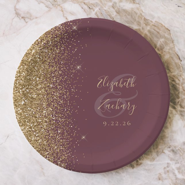 Modern Dark Burgundy Gold Glitter Edge Wedding Paper Plate (Creator Uploaded)
