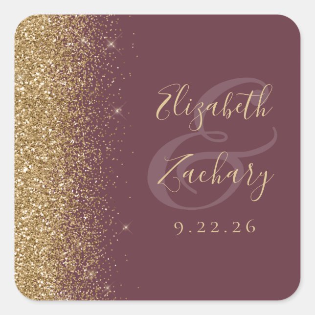 Modern Dark Burgundy Gold Glitter Edge Wedding Square Sticker (Front)