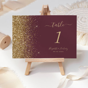 Modern Dark Burgundy Gold Glitter Edge Wedding Table Number