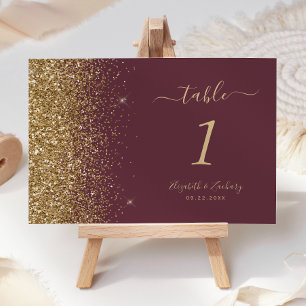 Modern Dark Burgundy Gold Glitter Edge Wedding Table Number