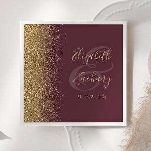 Modern Dark Burgundy Gold Glitter Wedding Napkin