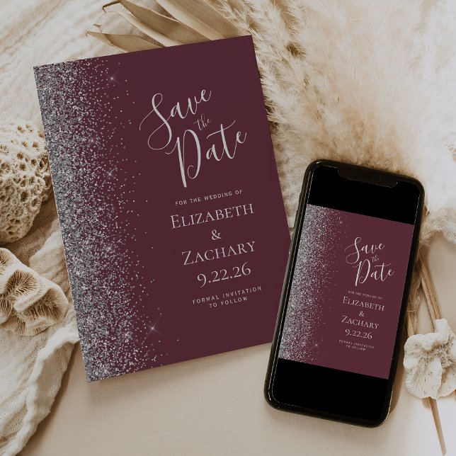 Modern Dark Burgundy Silver Glitter Save the Date Announcement (Creator Uploaded)