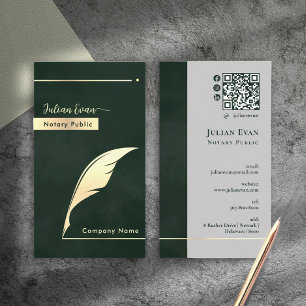 Modern Dark Emerald Green Gold Quill Notary Public Business Card