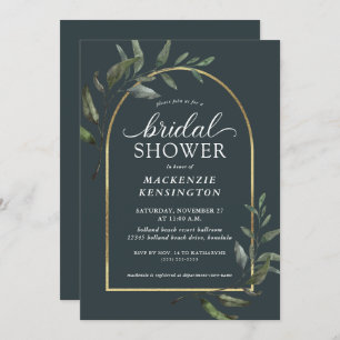 Modern Dark Eucalyptus Gold Arch Bridal Shower Invitation
