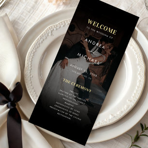 Modern Dark Faded Photo Gold & Black Wedding Programme