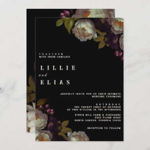 Modern Dark Floral   Moody Black and White Wedding Invitation