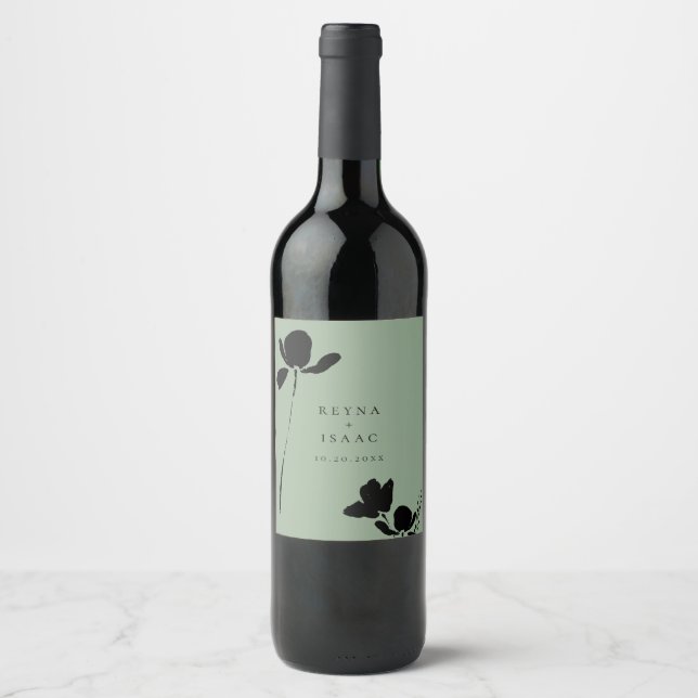 Modern Dark Floral Sage Green Wine Label (Front)