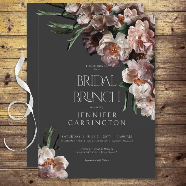 Modern Dark Flower Blossoms Black Bridal Brunch Invitation (Modern Dark Flower Blossoms Black Bridal Brunch Invitation)