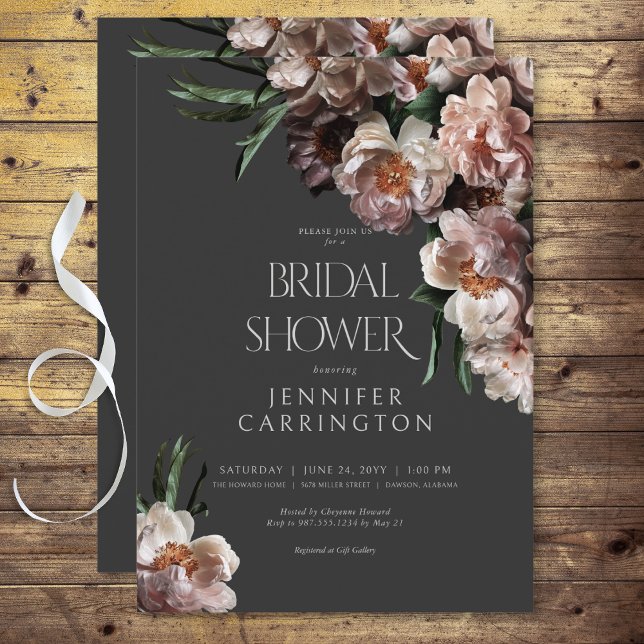 Modern Dark Flower Blossoms Black Bridal Shower Invitation (Modern Dark Flower Blossoms Black Bridal Shower Invitation)
