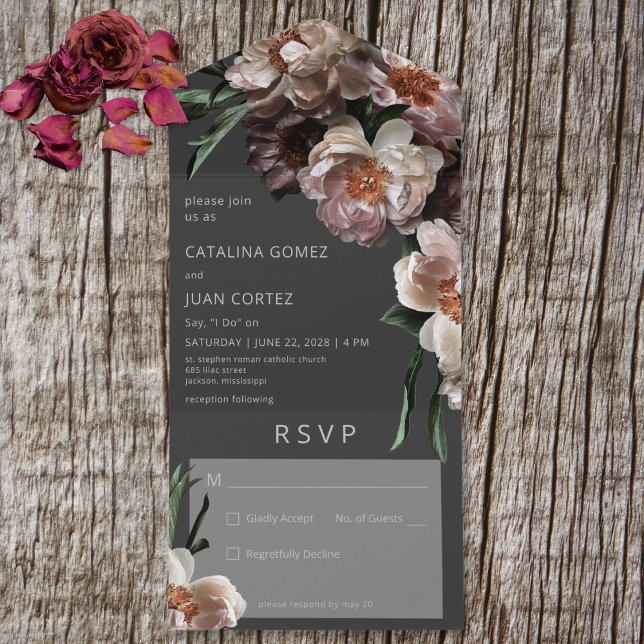 Modern Dark Flower Blossoms Black No Dinner All In One Invitation (Also available with a QR code or with dinner selection options.)