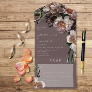 Modern Dark Flower Blossoms Brown Dinner All In One Invitation