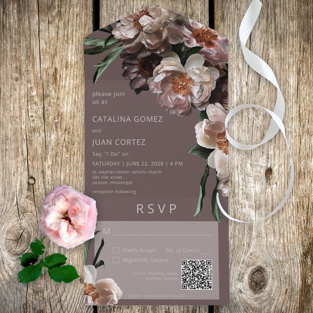 Modern Dark Flower Blossoms Brown QR Code All In One Invitation (Also available without a QR code; with or without dinner selection options.)