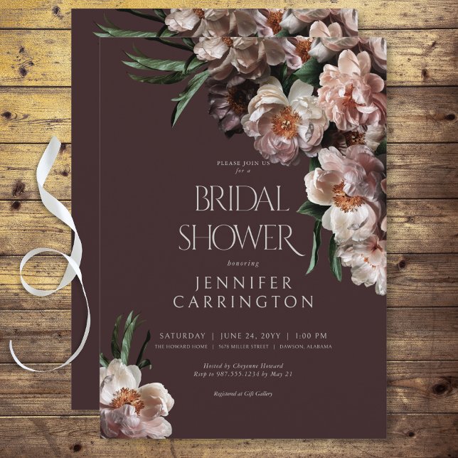 Modern Dark Flower Blossoms Burgundy Bridal Shower Invitation (Modern Dark Flower Blossoms Black Bridal Shower Invitation)