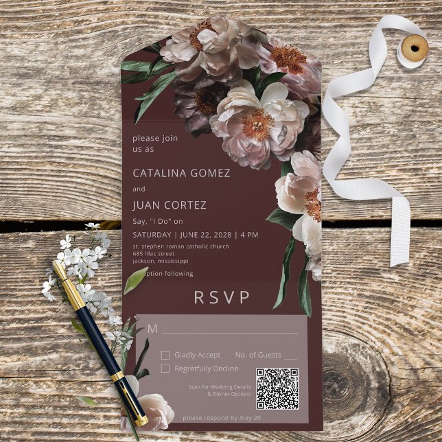 Modern Dark Flower Blossoms Burgundy QR Code All In One Invitation (Also available without a QR code; with or without dinner selection options.)