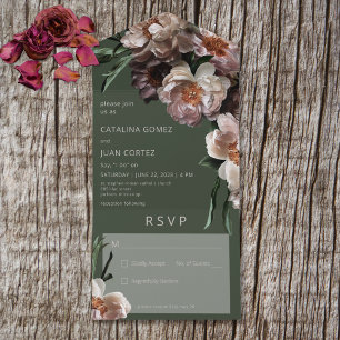 Modern Dark Flower Blossoms Green No Dinner All In One Invitation