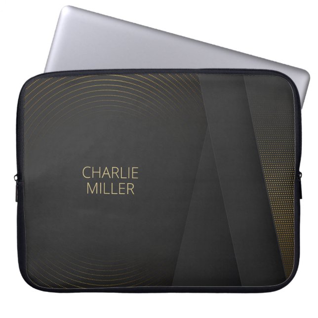Modern Dark-Gold Abstract Background & Custom Name Laptop Sleeve (Front)