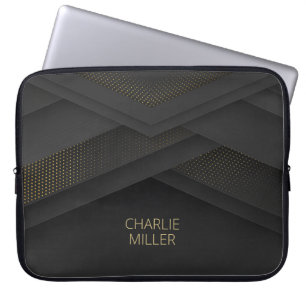 Modern Dark-Gold Abstract Background & Custom Name Laptop Sleeve