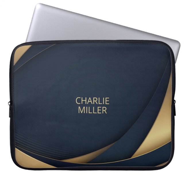 Modern Dark-Gold Abstract Background & Custom Name Laptop Sleeve (Front)