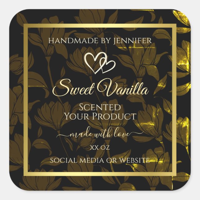 Modern Dark Gold Floral Product Packaging Labels (Front)