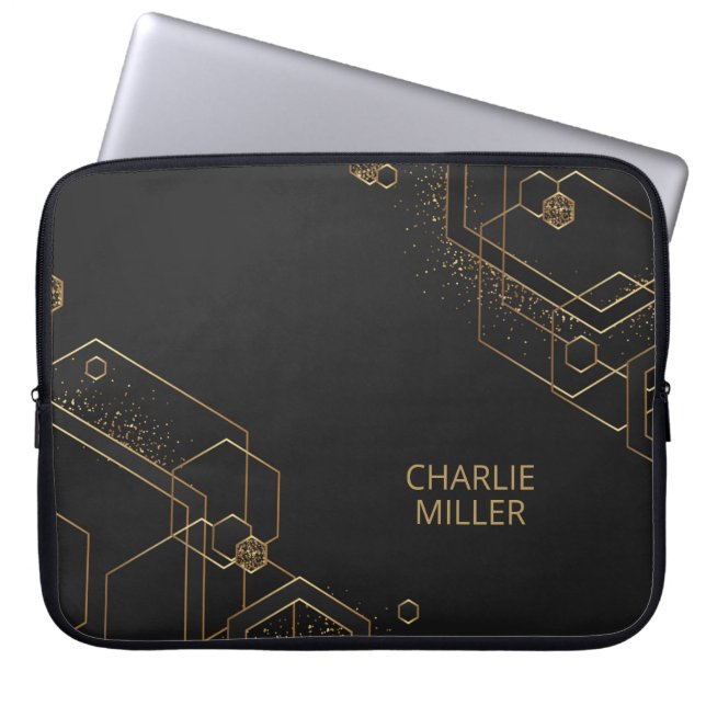 Modern Dark-Gold Geometric Pattern & Custom Name Laptop Sleeve (Front)
