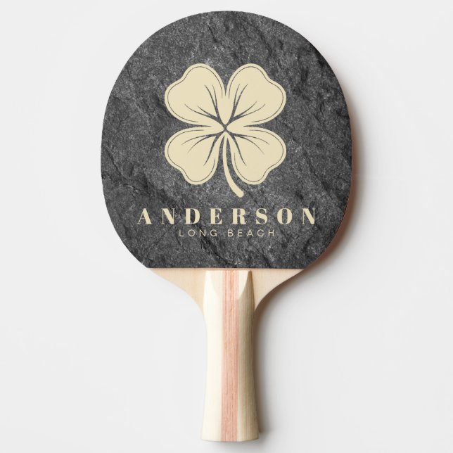 Modern Dark Granite Four Leaf Clover with Name Ping Pong Paddle (Front)