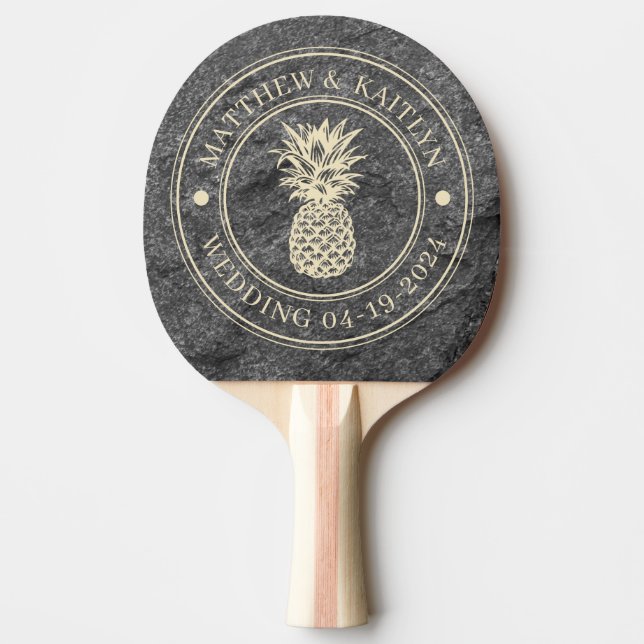 Modern Dark Granite Pineapple Wedding Crest & Name Ping Pong Paddle (Front)