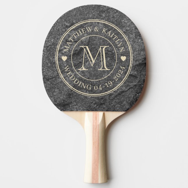 Modern Dark Granite Stone Wedding Monogram Heart Ping Pong Paddle (Front)