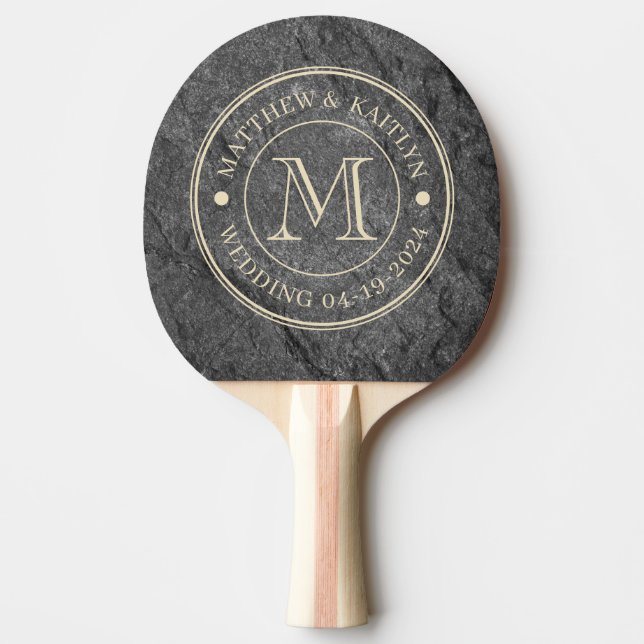 Modern Dark Granite Stone Wedding Monogram Ping Pong Paddle (Front)