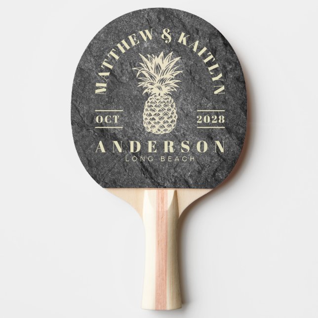 Modern Dark Granite Tropical Pineapple Wedding Ping Pong Paddle (Front)