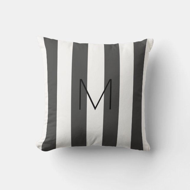 Modern dark gray white stripes monogrammed cushion (Front)
