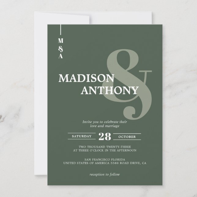 Modern Dark Green Ampersand Script Photo Wedding Invitation (Front)