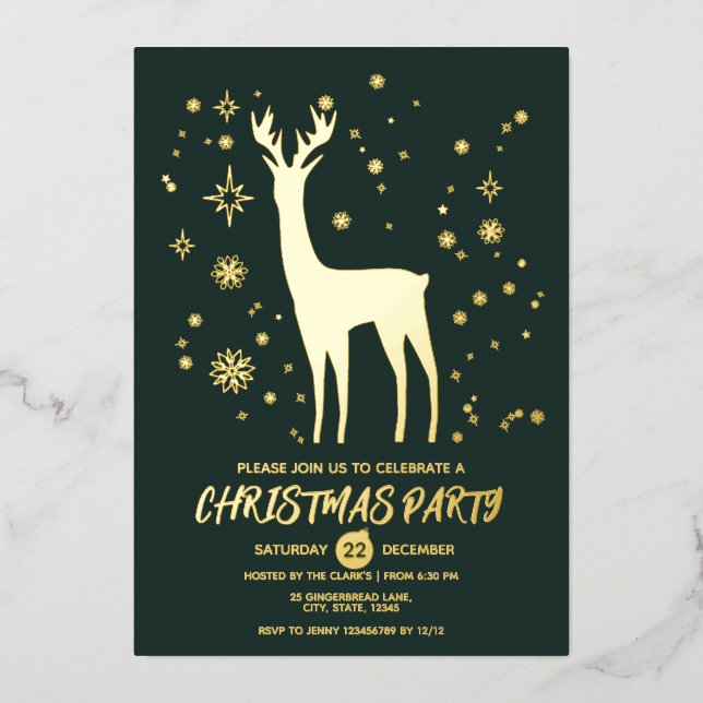 Modern Dark Green and Gold Elegant Deer Xmas Party (Front)